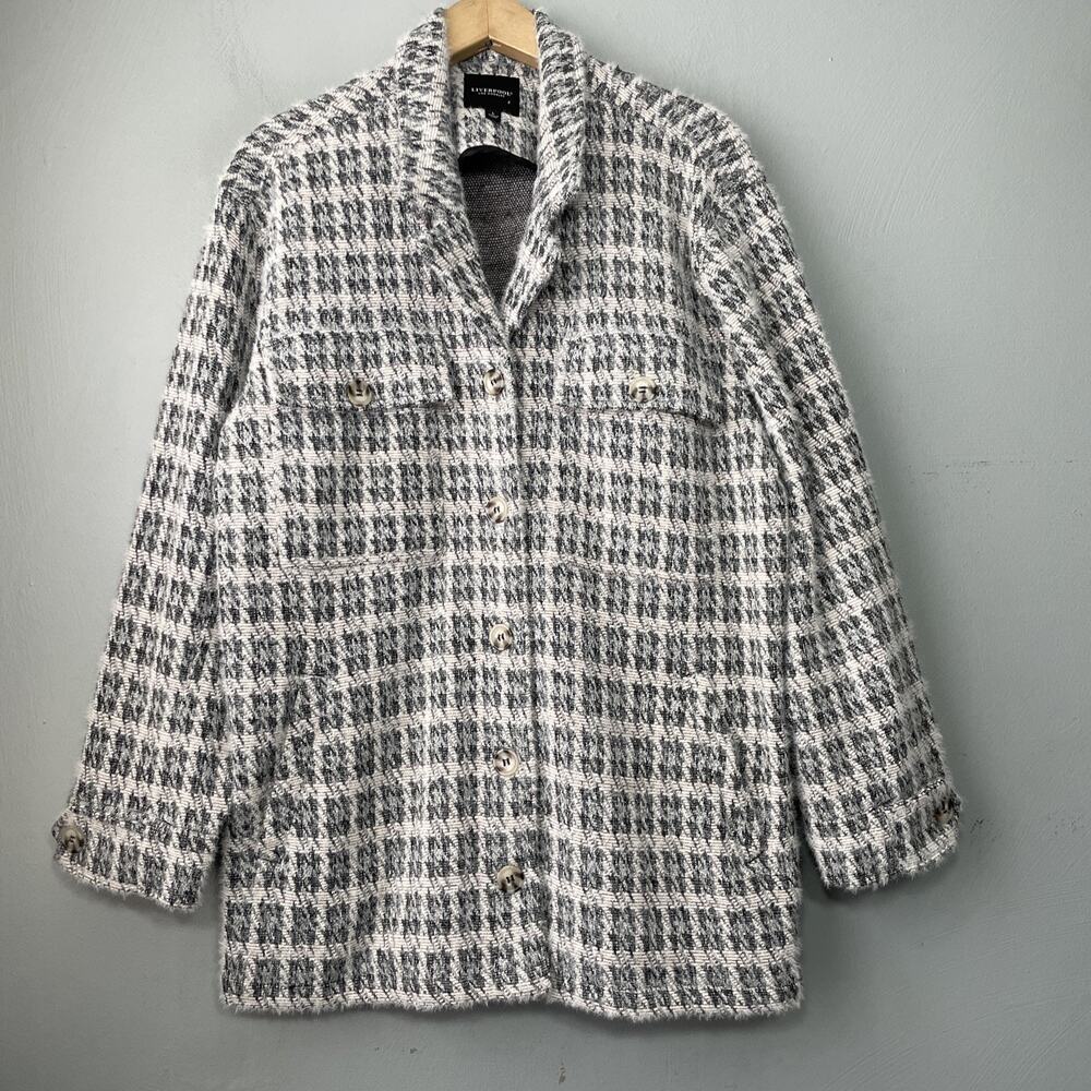 Liverpool Shirt Jacket Size L Gray Heather Fuzzy Houndstooth Button Up Shacket